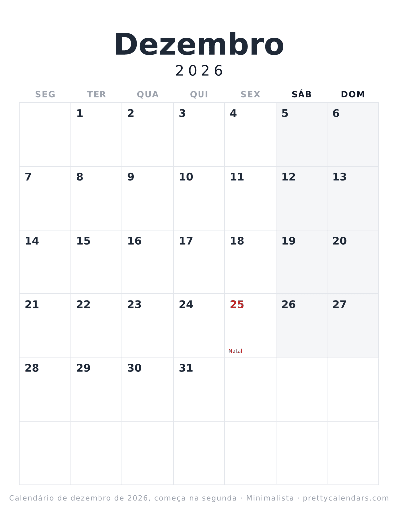 Calendário de Dezembro de 2026 para imprimir com outro início da semana, estilo Minimalista