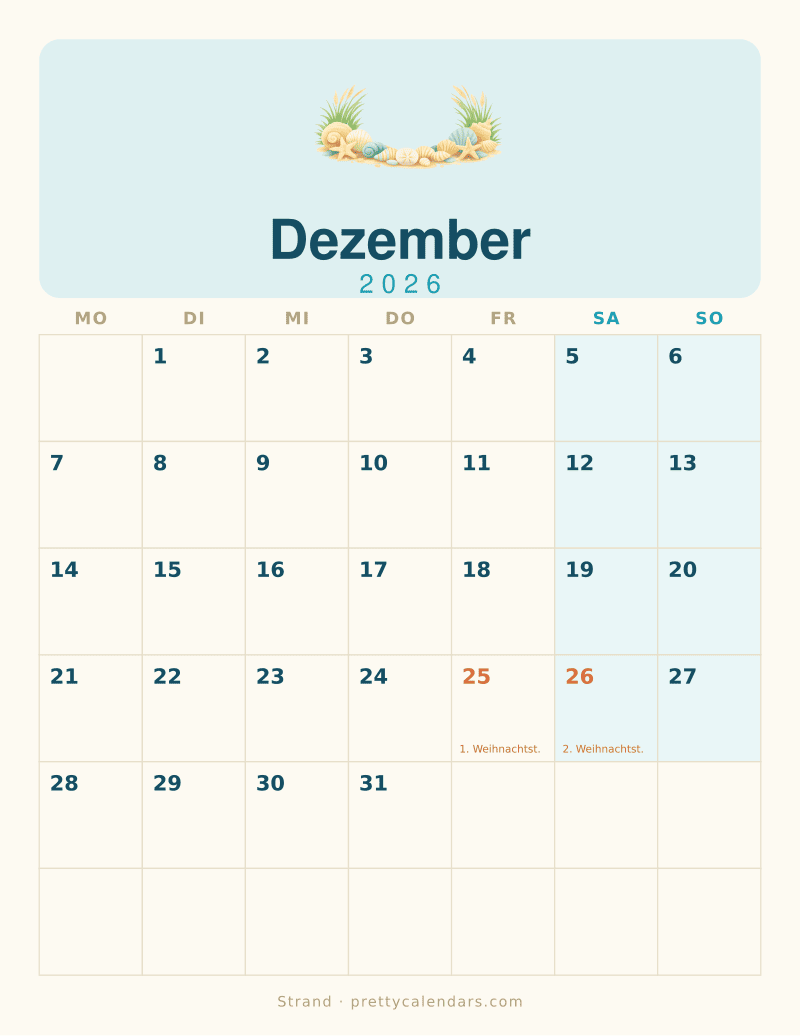 Druckbarer Kalender Dezember 2026, Design Strand