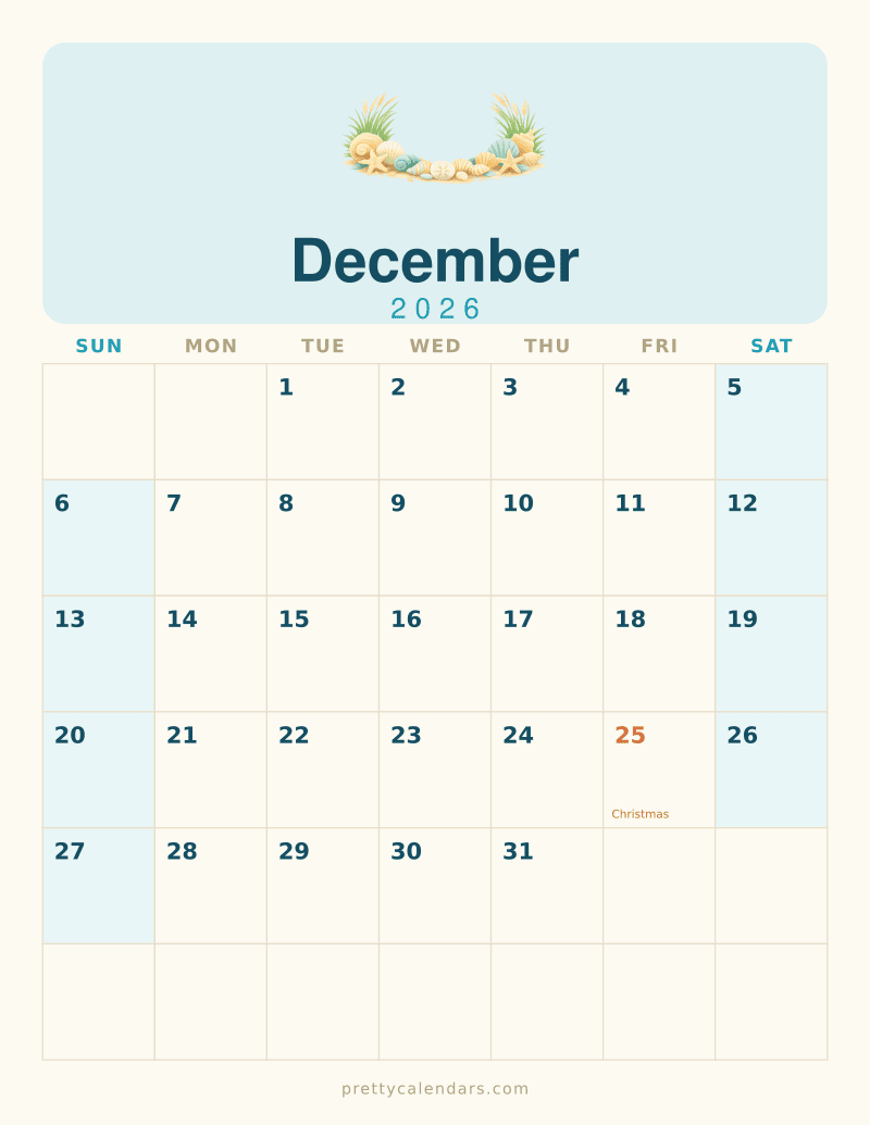 December 2026 printable calendar, Beach style