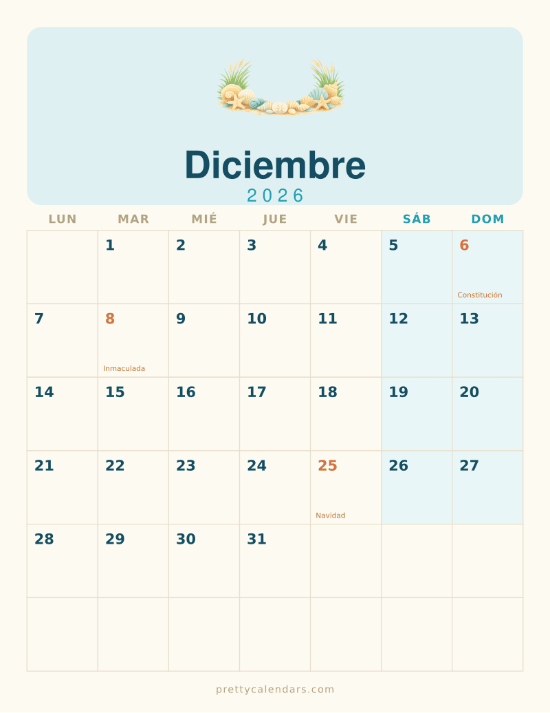 Calendario de Diciembre 2026 para imprimir, estilo Playa
