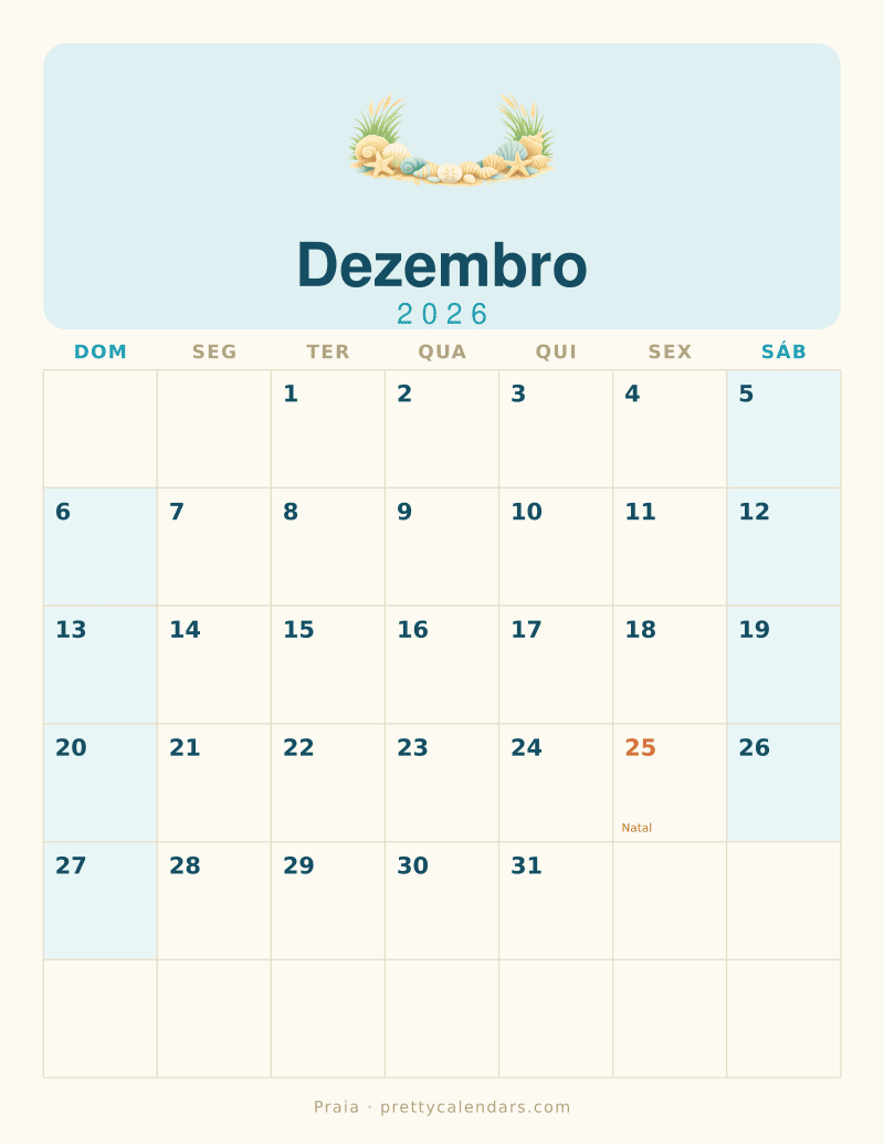Calendário de Dezembro de 2026 para imprimir, estilo Praia