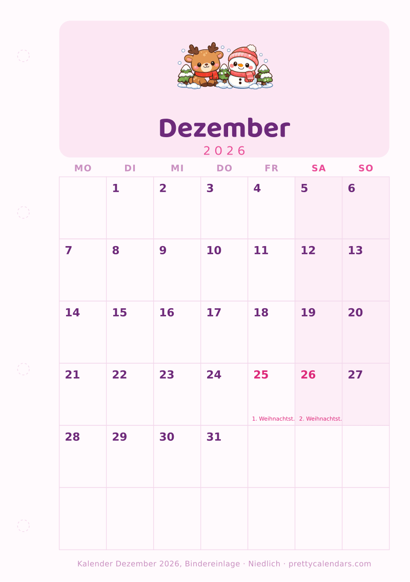 Druckbarer Kalender Dezember 2026 mit Binderlochrand, Design Niedlich