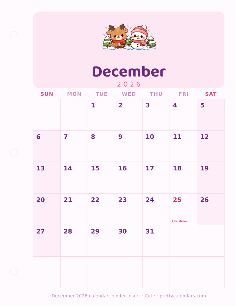 Printable December 2026 calendar as a three ring binder insert with a hole punch margin, Cute style