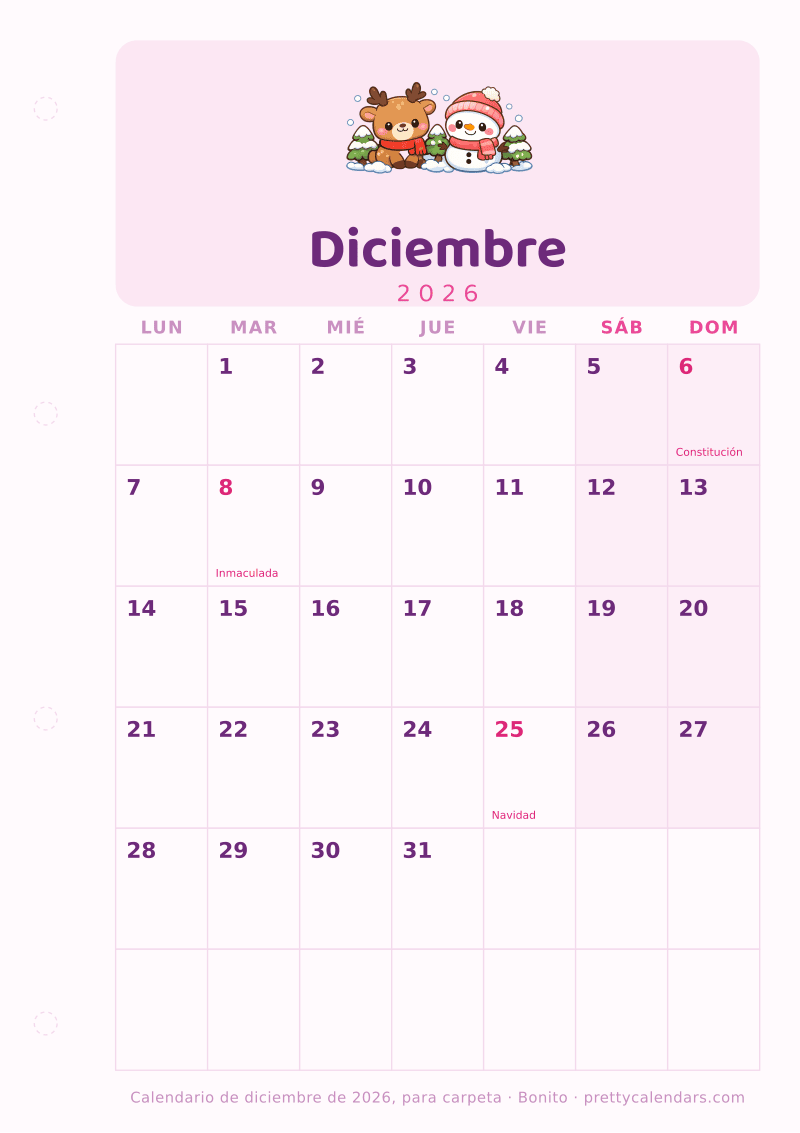 Calendario de Diciembre 2026 para imprimir y archivar en carpeta de cuatro anillas, con margen de perforación, estilo Bonito