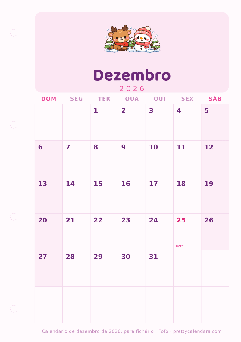 Calendário de Dezembro de 2026 para imprimir com margem para fichário, estilo Fofo