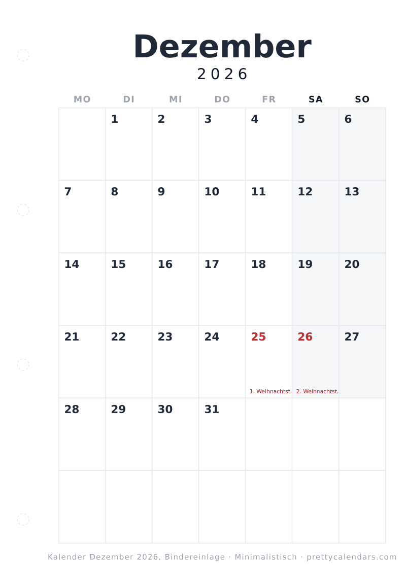 Druckbarer Kalender Dezember 2026 mit Binderlochrand, Design Minimalistisch