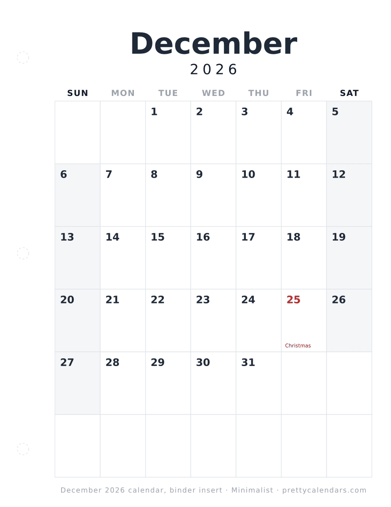 Printable December 2026 calendar as a three ring binder insert with a hole punch margin, Minimalist style
