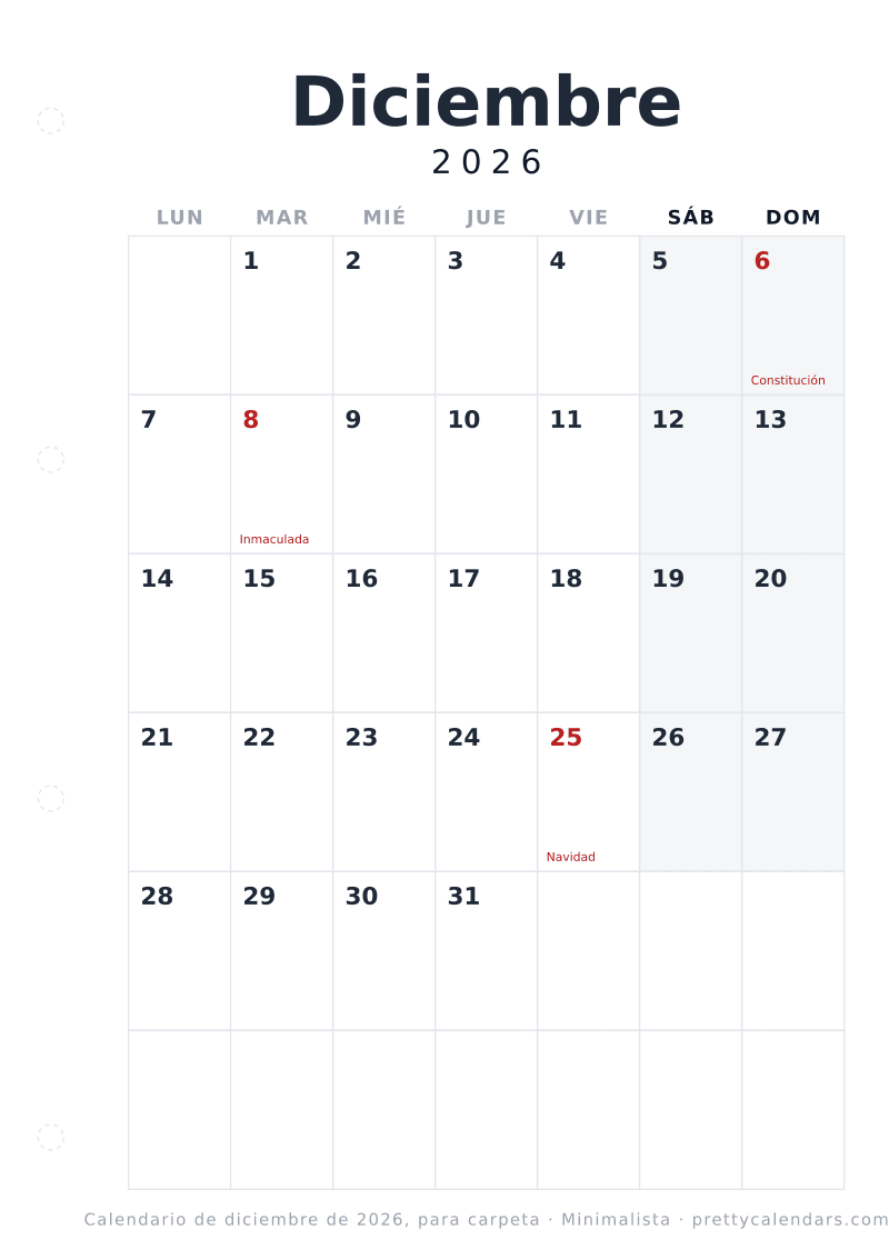 Calendario de Diciembre 2026 para imprimir y archivar en carpeta de cuatro anillas, con margen de perforación, estilo Minimalista