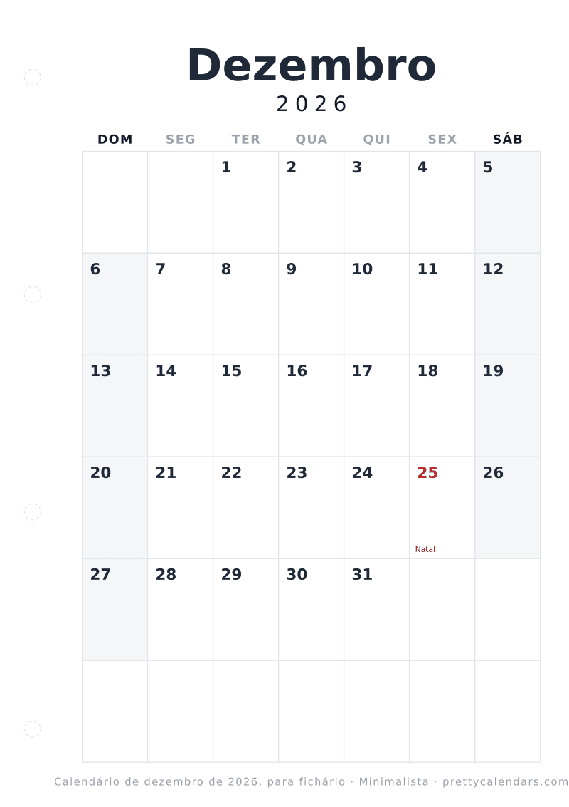 Calendário de Dezembro de 2026 para imprimir com margem para fichário, estilo Minimalista