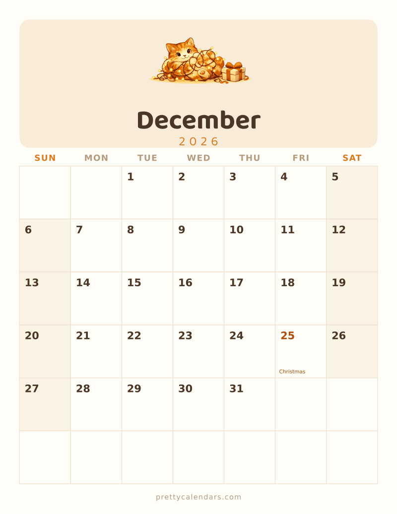 December 2026 printable calendar, Cat style