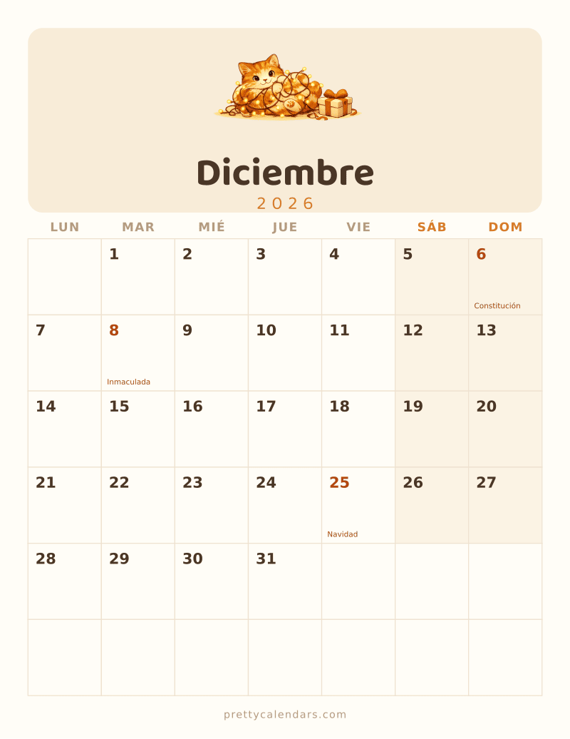 Calendario de Diciembre 2026 para imprimir, estilo Gatos