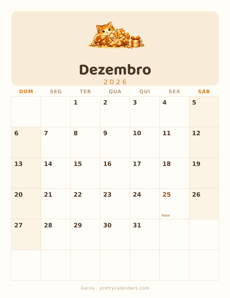 Calendário de Dezembro de 2026 para imprimir, estilo Gatos