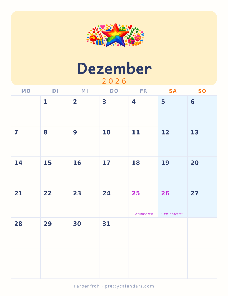 Druckbarer Kalender Dezember 2026, Design Farbenfroh