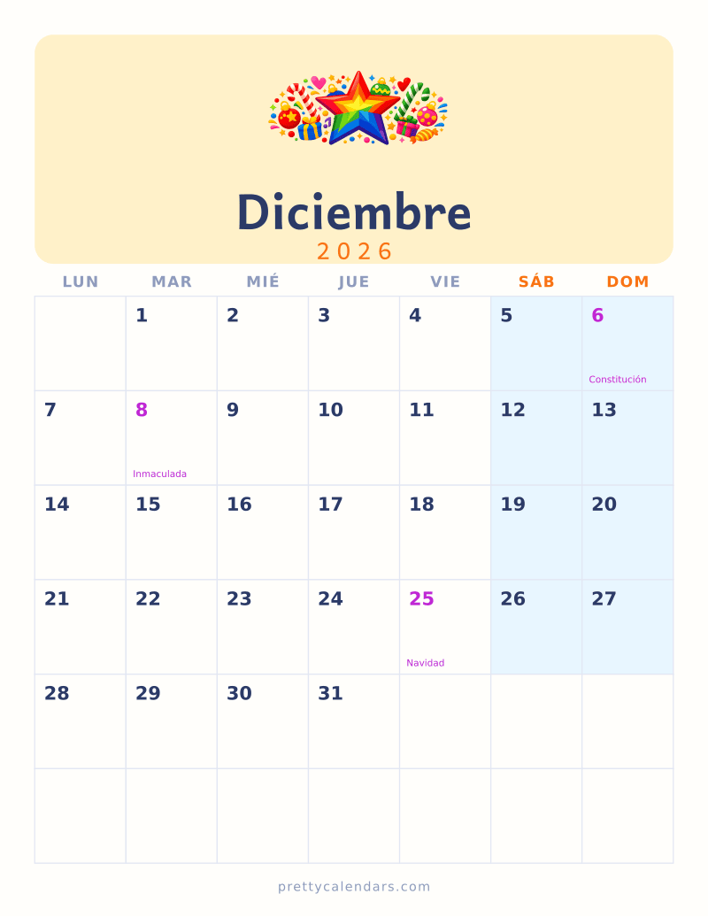 Calendario de Diciembre 2026 para imprimir, estilo Colorido