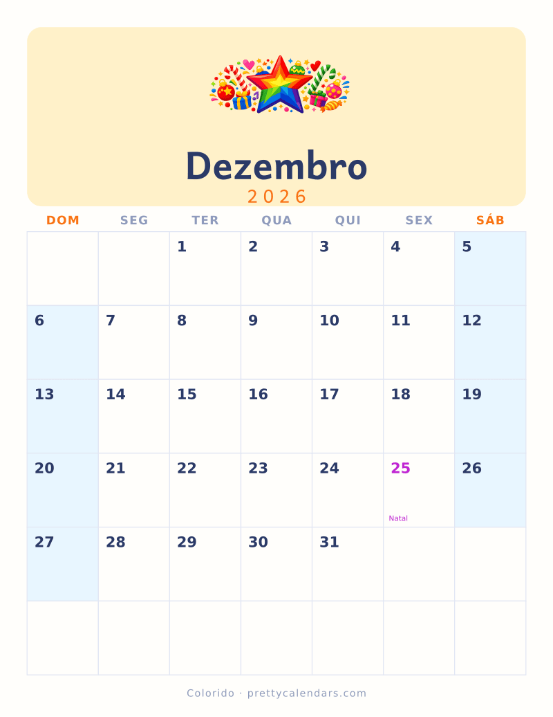 Calendário de Dezembro de 2026 para imprimir, estilo Colorido