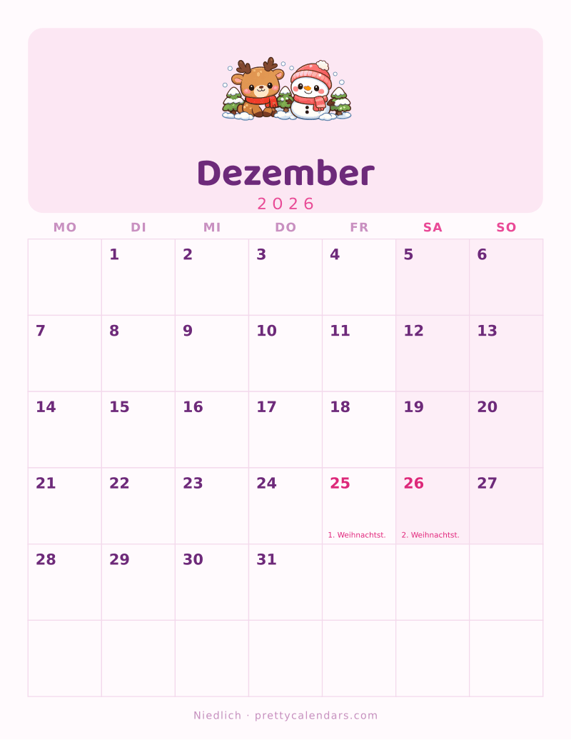 Druckbarer Kalender Dezember 2026, Design Niedlich