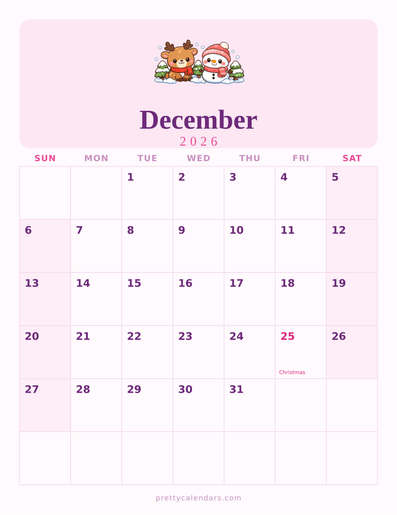 December 2026 printable calendar, Cute style