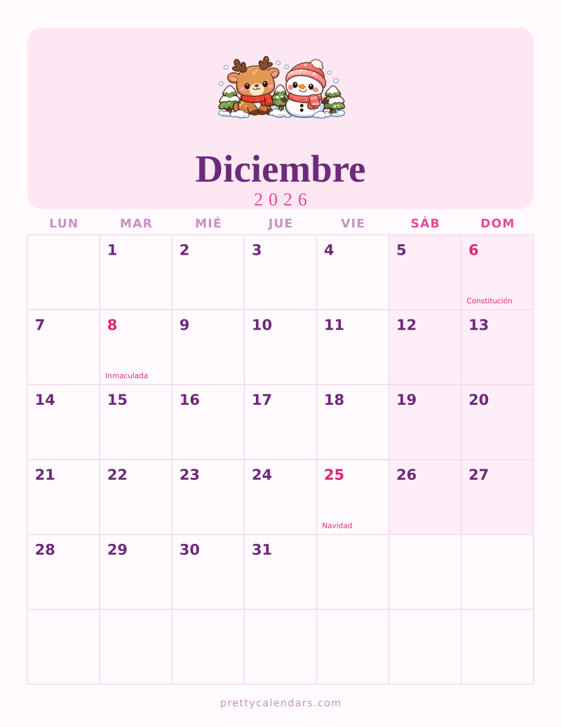 Calendario de Diciembre 2026 para imprimir, estilo Bonito
