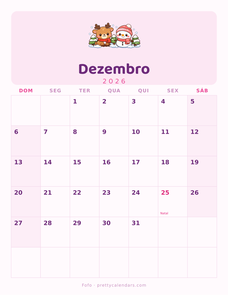 Calendário de Dezembro de 2026 para imprimir, estilo Fofo