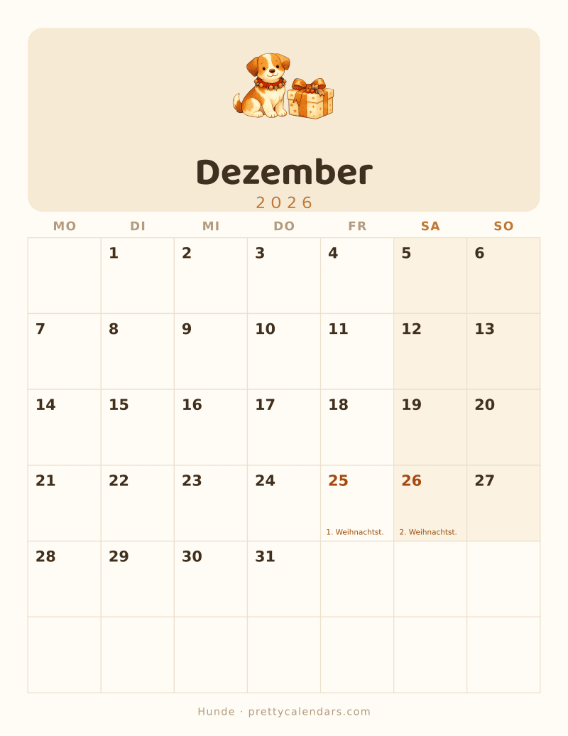 Druckbarer Kalender Dezember 2026, Design Hunde