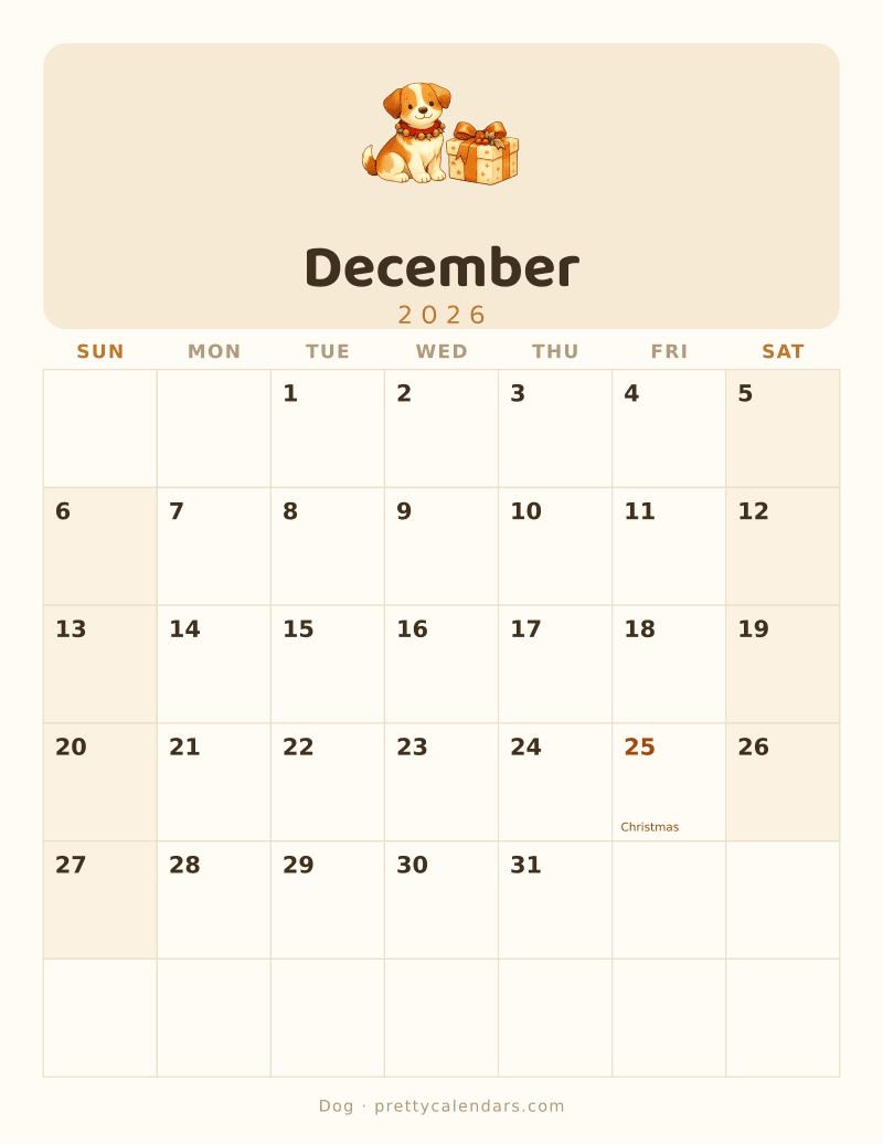 December 2026 printable calendar, Dog style