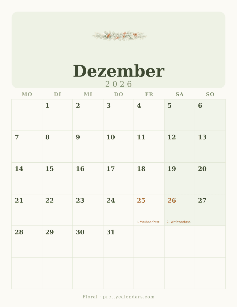 Druckbarer Kalender Dezember 2026, Design Floral