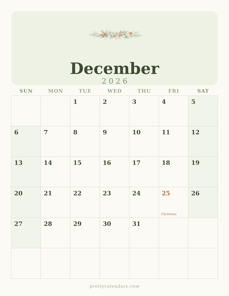 December 2026 printable calendar, Floral style