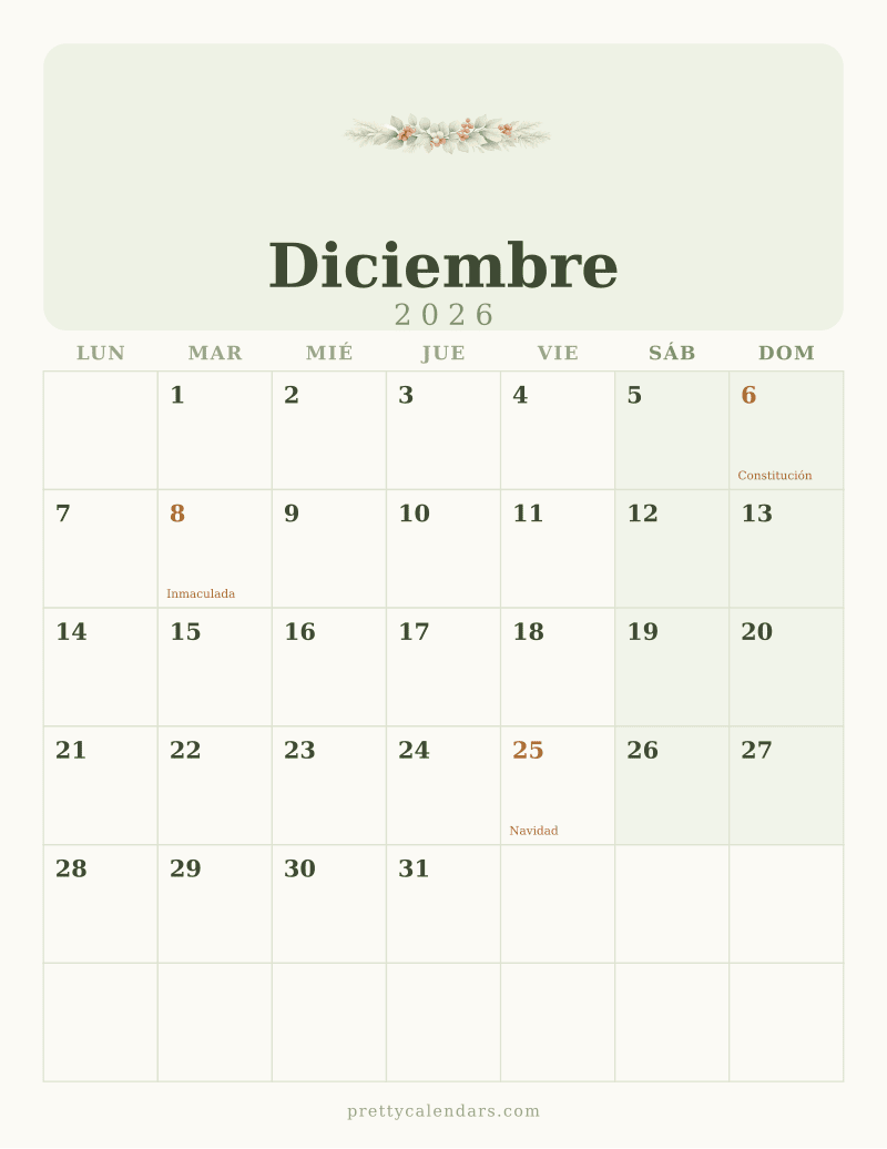 Calendario de Diciembre 2026 para imprimir, estilo Floral