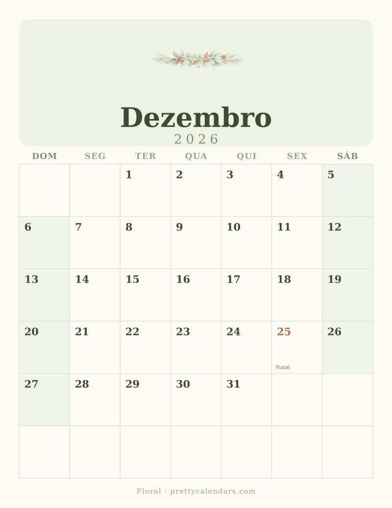 Calendário de Dezembro de 2026 para imprimir, estilo Floral