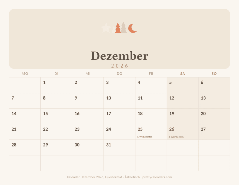 Druckbarer Kalender Dezember 2026 mit Querformat, Design Ästhetisch
