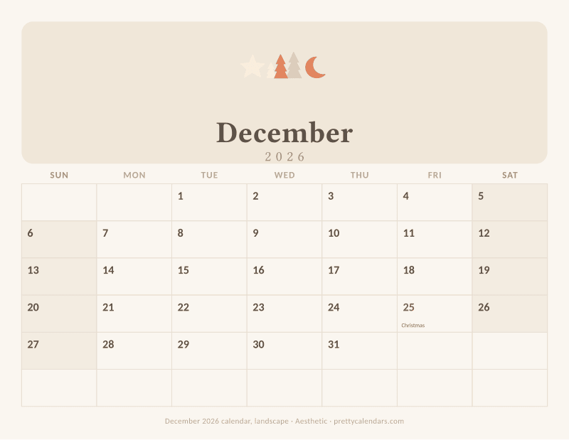 Printable December 2026 calendar in landscape orientation with wide day boxes, Aesthetic style