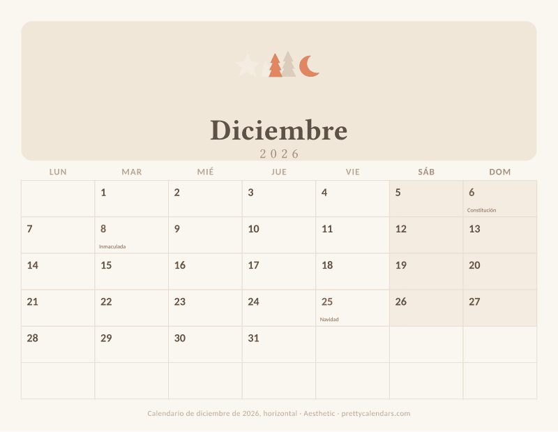 Calendario de Diciembre 2026 horizontal para imprimir, con casillas anchas, estilo Aesthetic