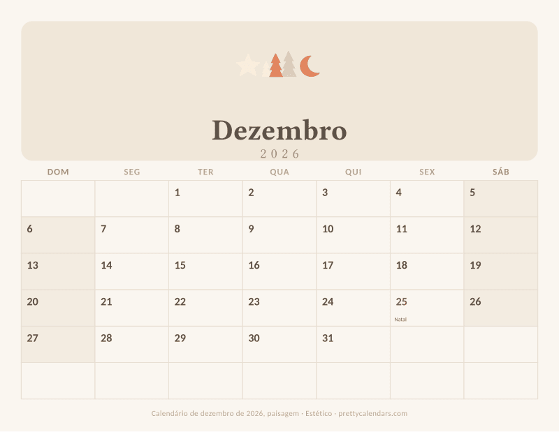 Calendário de Dezembro de 2026 para imprimir com orientação paisagem, estilo Estético