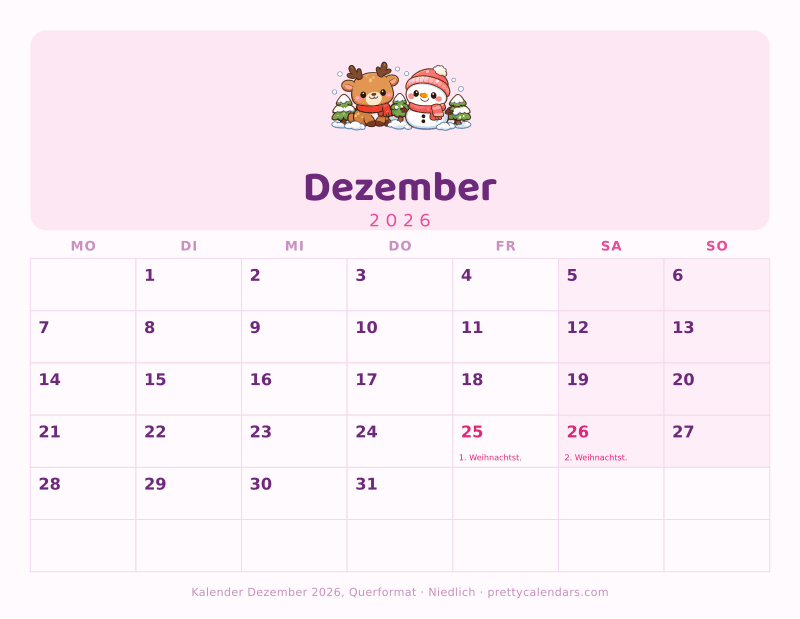 Druckbarer Kalender Dezember 2026 mit Querformat, Design Niedlich