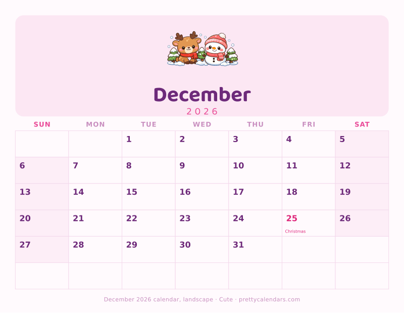 Printable December 2026 calendar in landscape orientation with wide day boxes, Cute style