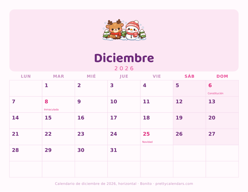 Calendario de Diciembre 2026 horizontal para imprimir, con casillas anchas, estilo Bonito