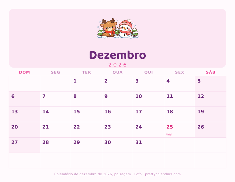 Calendário de Dezembro de 2026 para imprimir com orientação paisagem, estilo Fofo