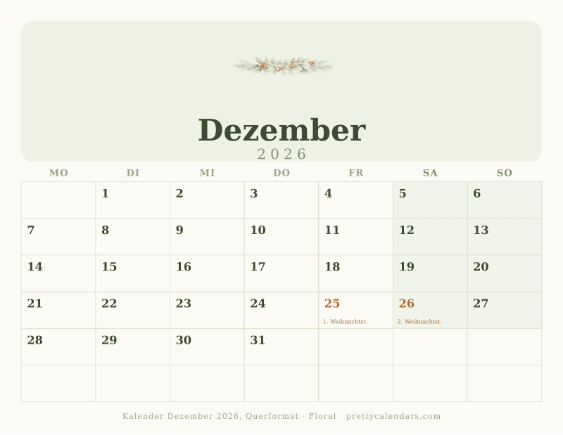 Druckbarer Kalender Dezember 2026 mit Querformat, Design Floral