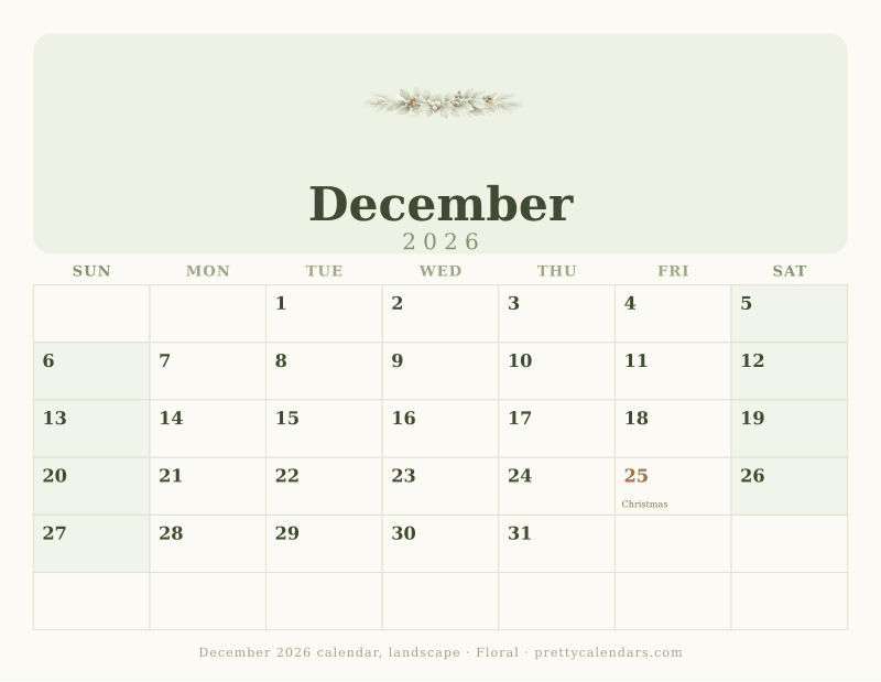 Printable December 2026 calendar in landscape orientation with wide day boxes, Floral style