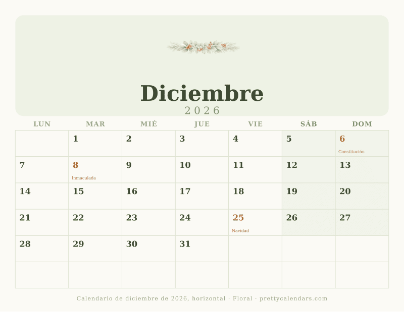 Calendario de Diciembre 2026 horizontal para imprimir, con casillas anchas, estilo Floral