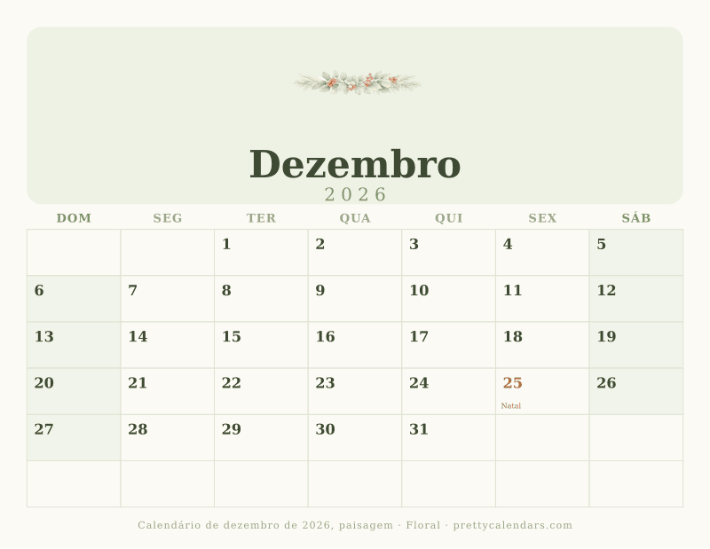 Calendário de Dezembro de 2026 para imprimir com orientação paisagem, estilo Floral