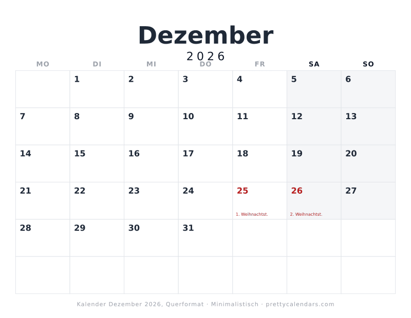 Druckbarer Kalender Dezember 2026 mit Querformat, Design Minimalistisch