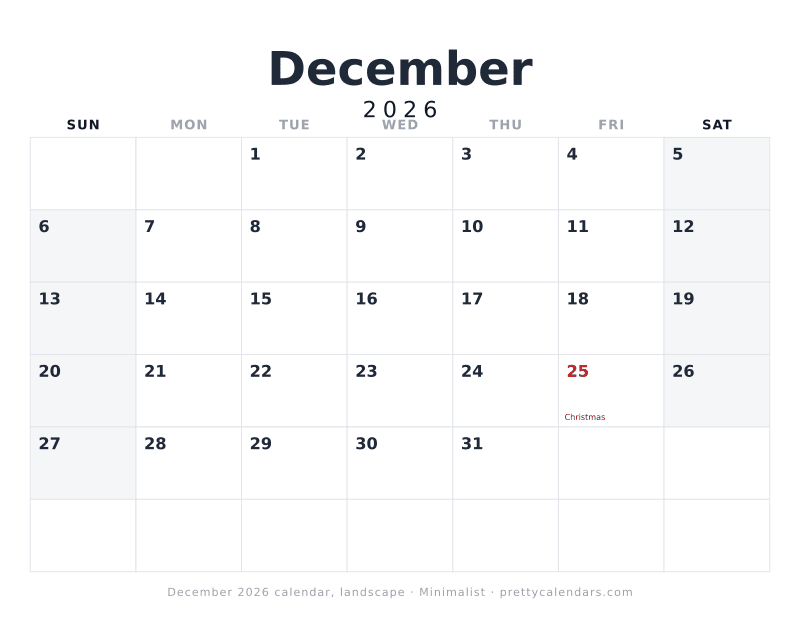 Printable December 2026 calendar in landscape orientation with wide day boxes, Minimalist style