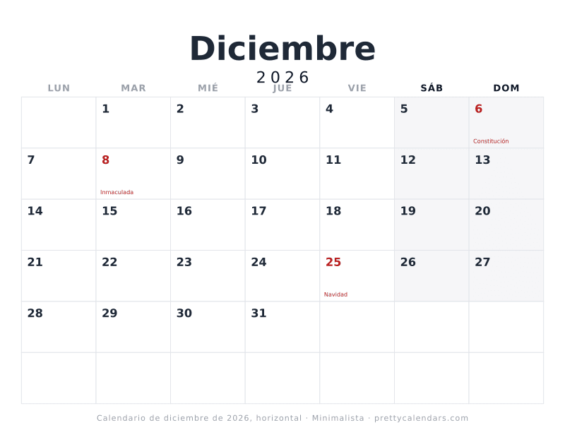 Calendario de Diciembre 2026 horizontal para imprimir, con casillas anchas, estilo Minimalista