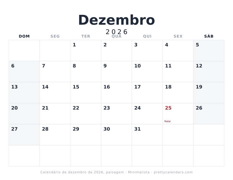 Calendário de Dezembro de 2026 para imprimir com orientação paisagem, estilo Minimalista