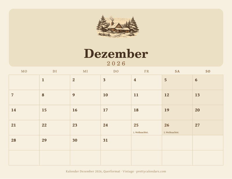 Druckbarer Kalender Dezember 2026 mit Querformat, Design Vintage