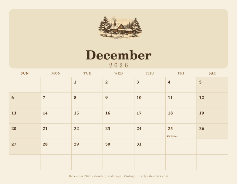 Printable December 2026 calendar in landscape orientation with wide day boxes, Vintage style