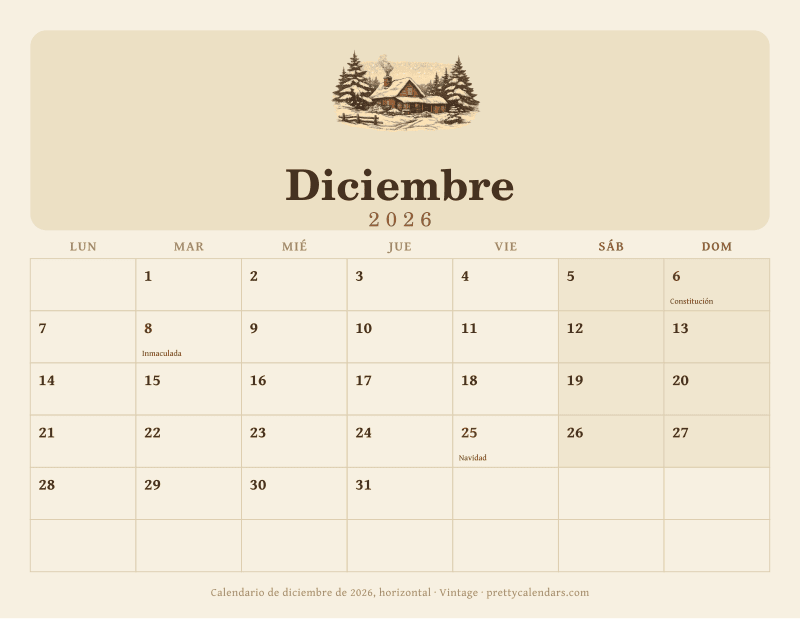 Calendario de Diciembre 2026 horizontal para imprimir, con casillas anchas, estilo Vintage