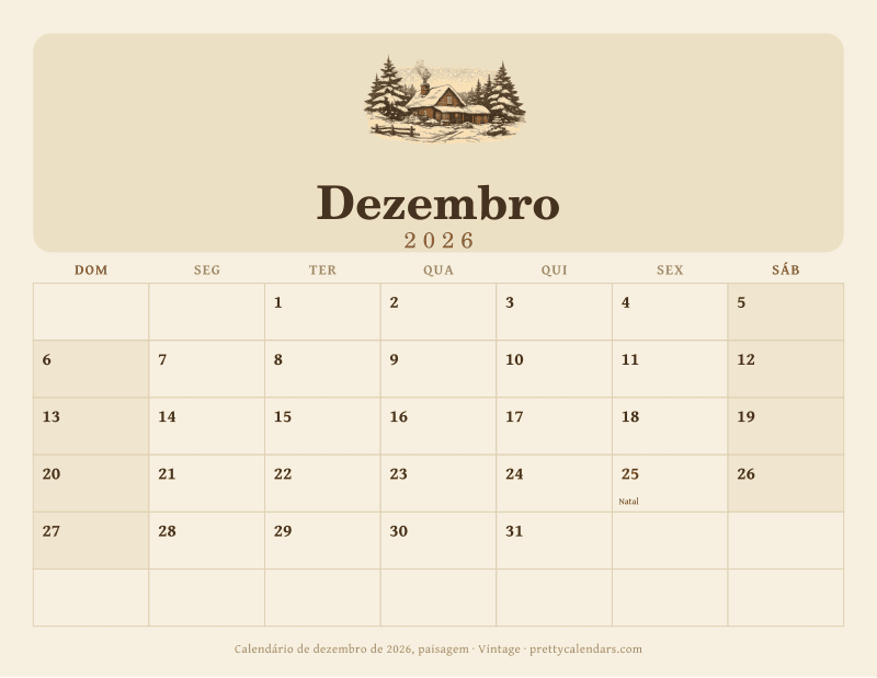 Calendário de Dezembro de 2026 para imprimir com orientação paisagem, estilo Vintage