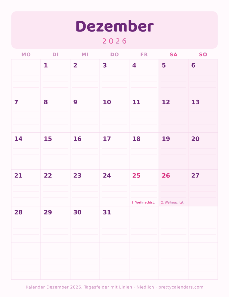 Druckbarer Kalender Dezember 2026 mit Schreiblinien, Design Niedlich